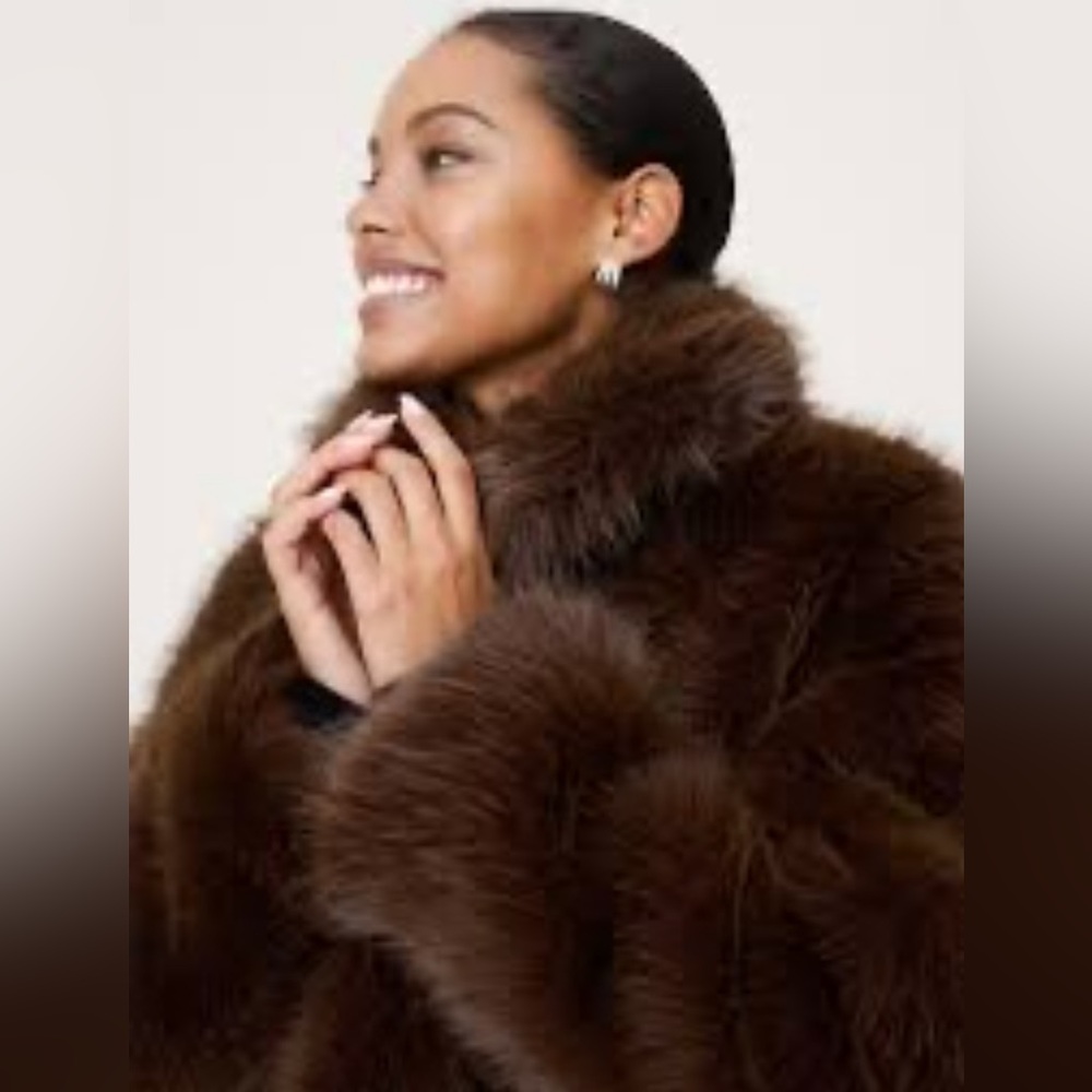 New $350 Banana Republic Faux Fur Long Brown Coat Jacket Small NWT - Picture 3 of 8